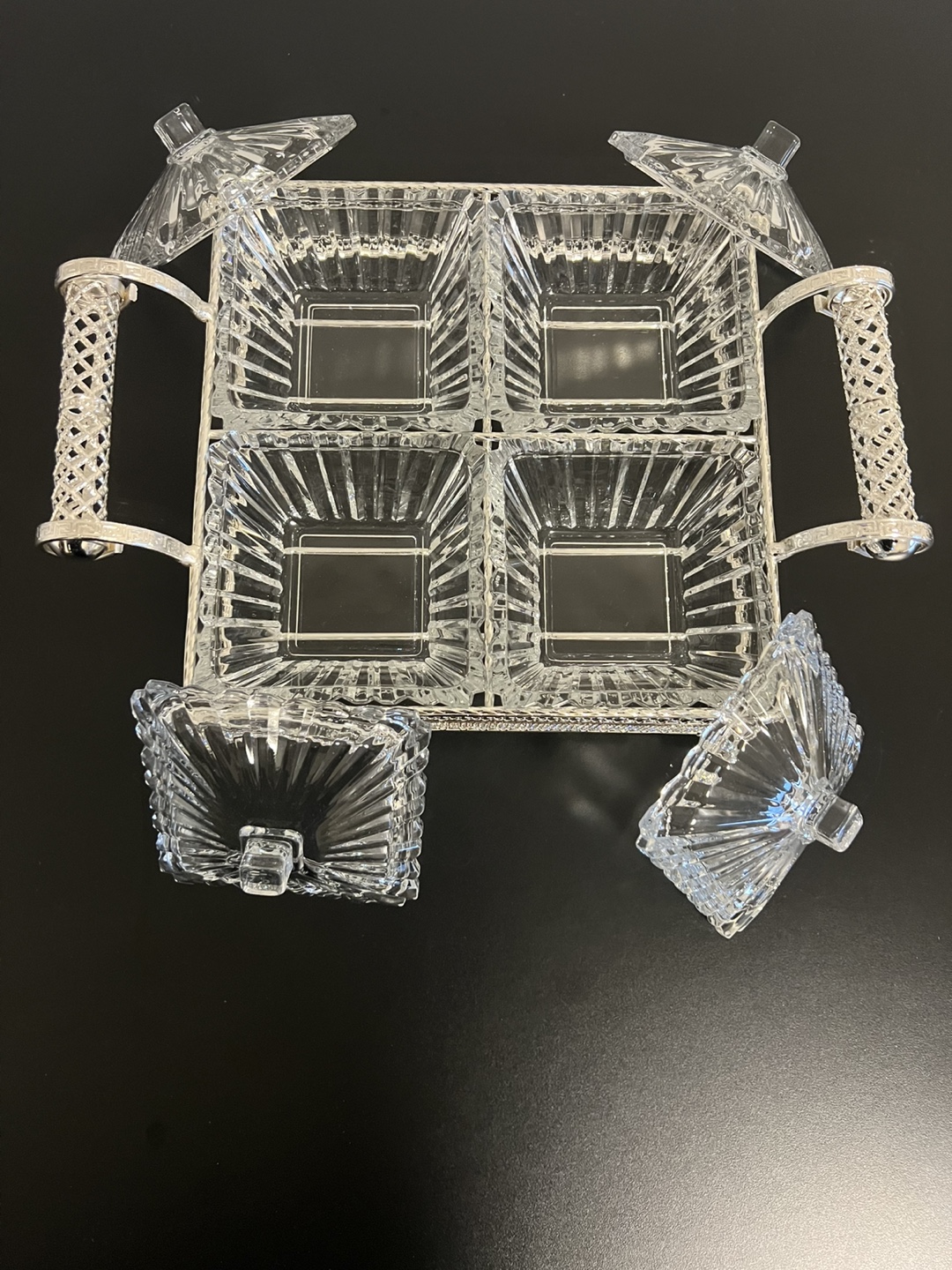 Four-compartment crystal candy dish with silver-tone stand - photo 3