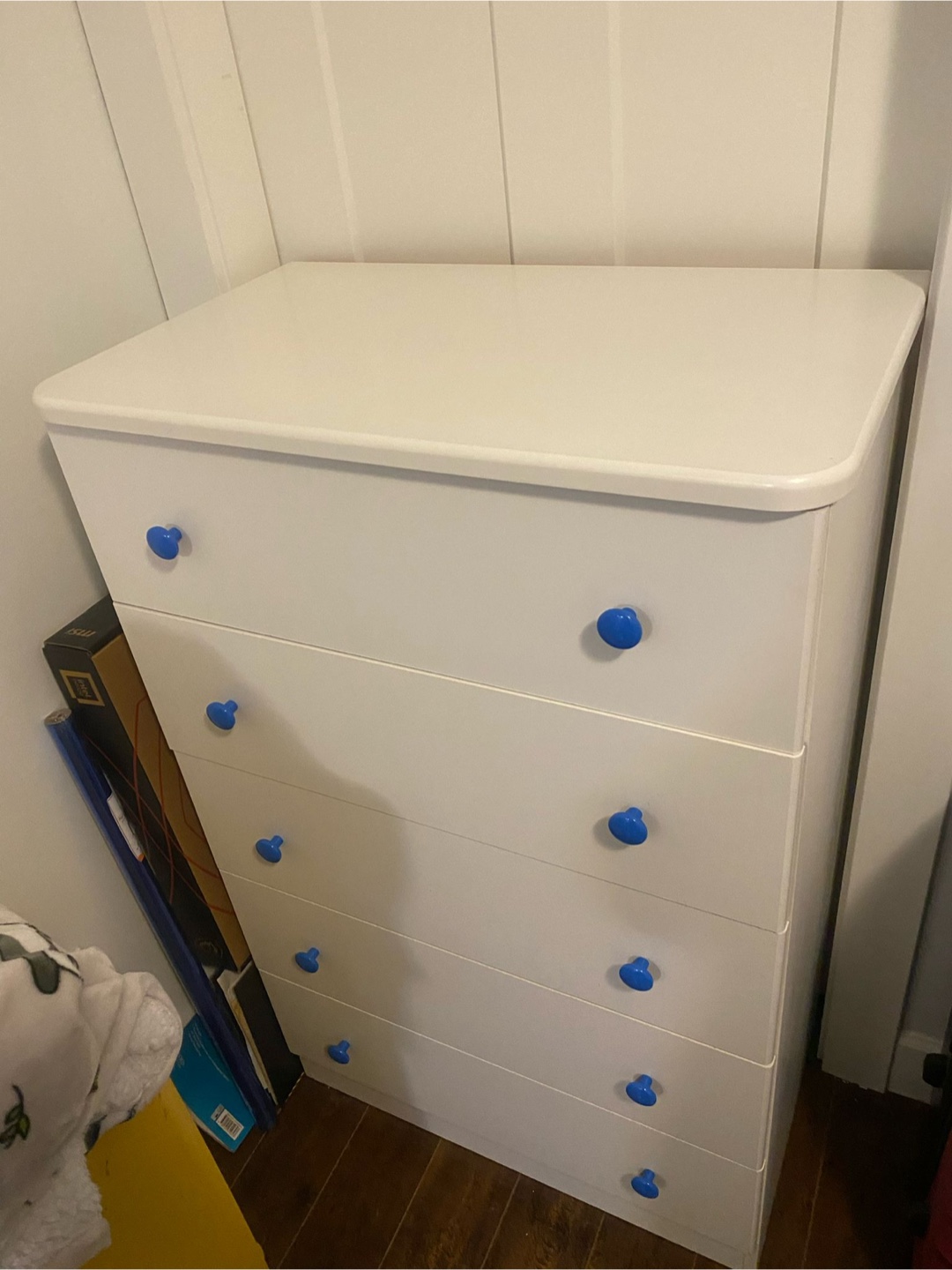 White Chest of Drawers with Blue Knobs