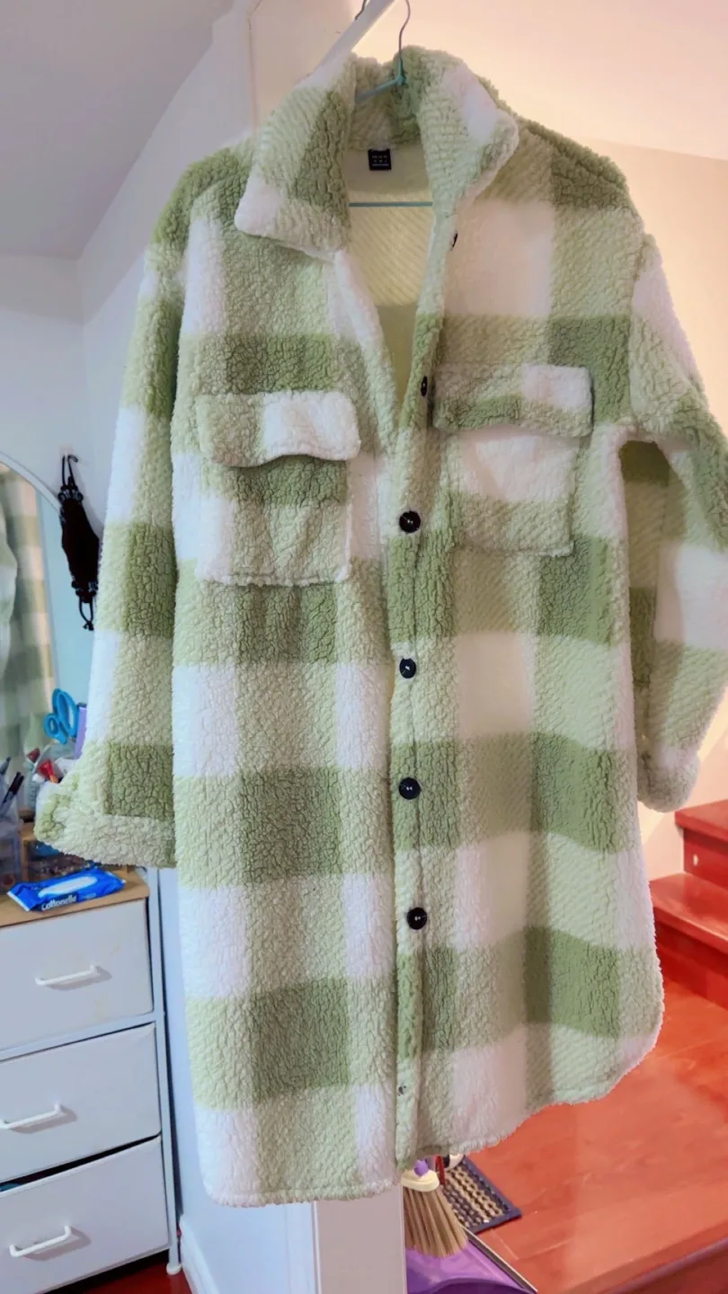 Green and White Flannel Sherpa Shirt Jacket image indicator(2)