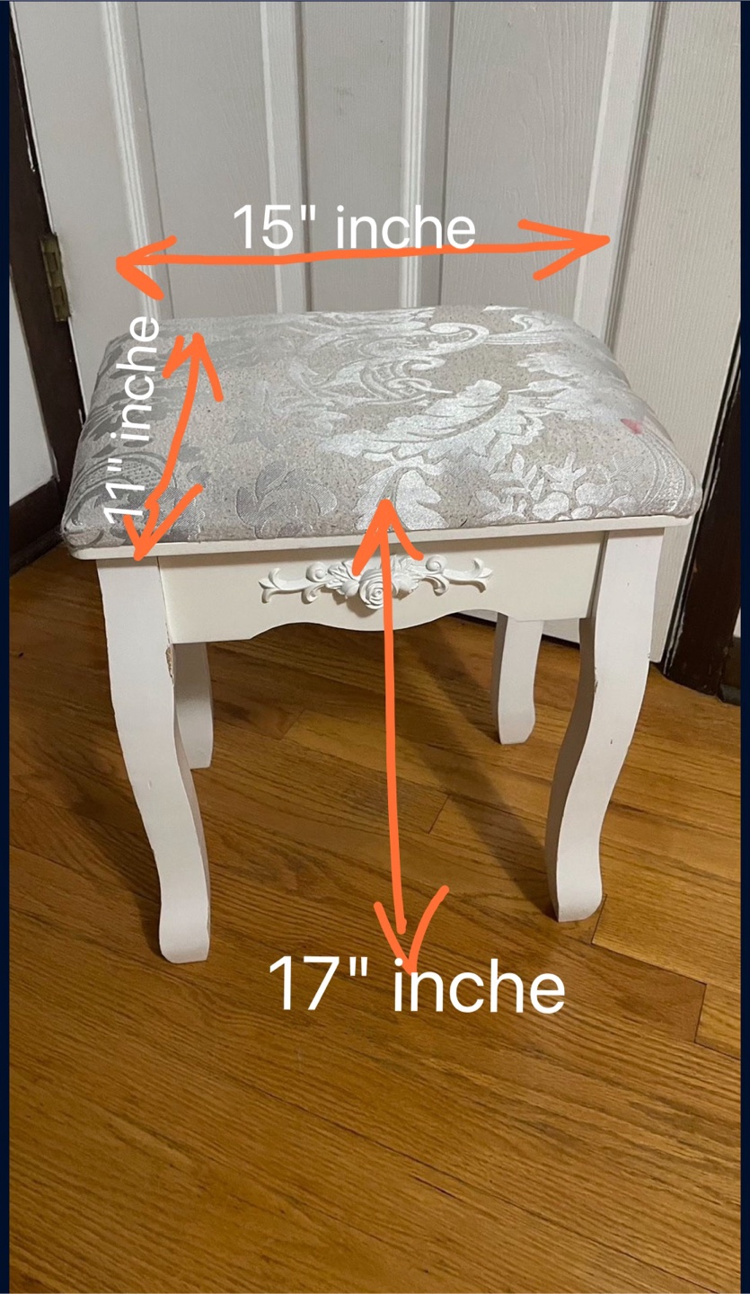 White Vanity Stool with Gray Cushion