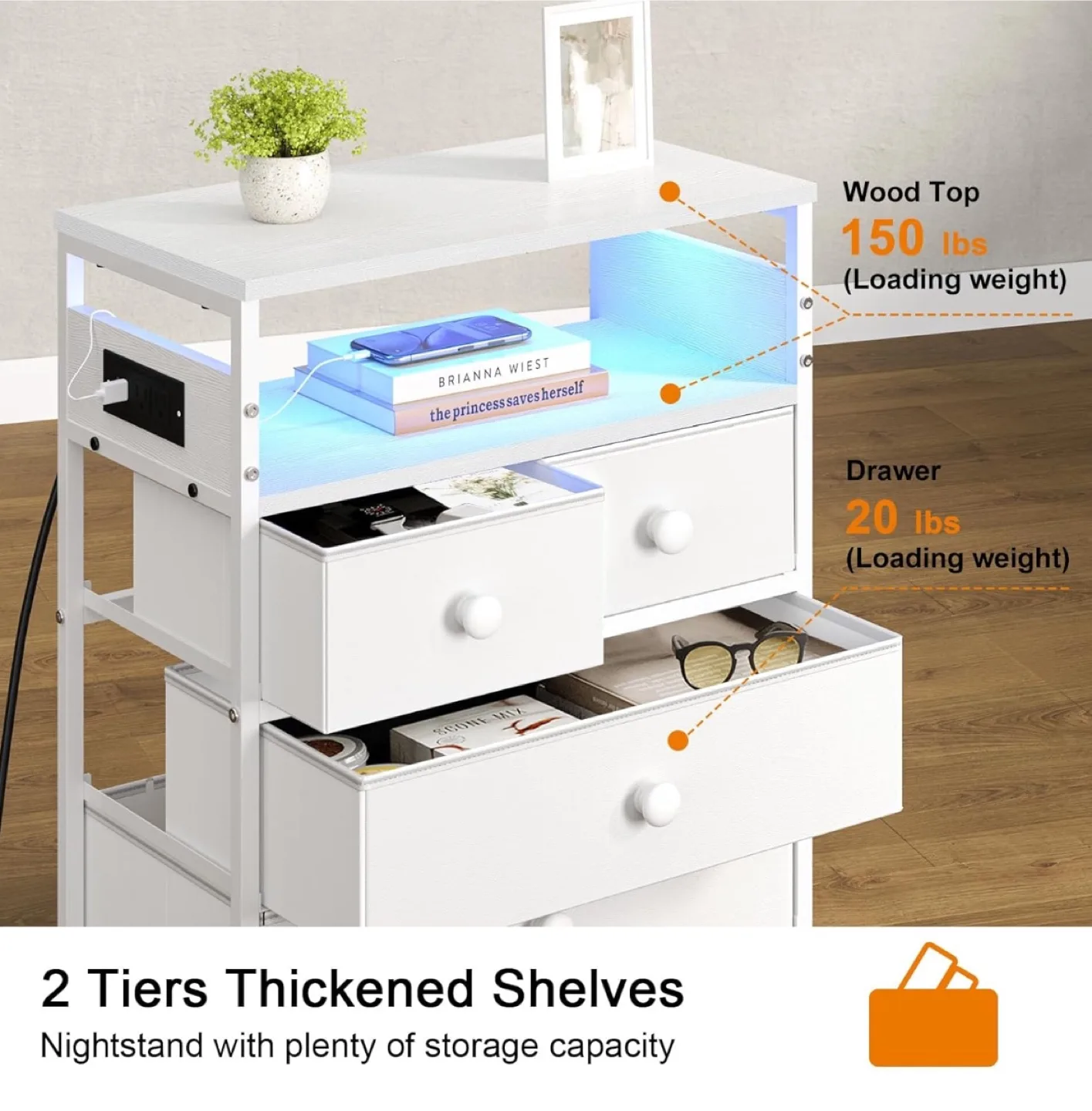 White Nightstand with Built-in Charging Station and LED Lighting image indicator(5)