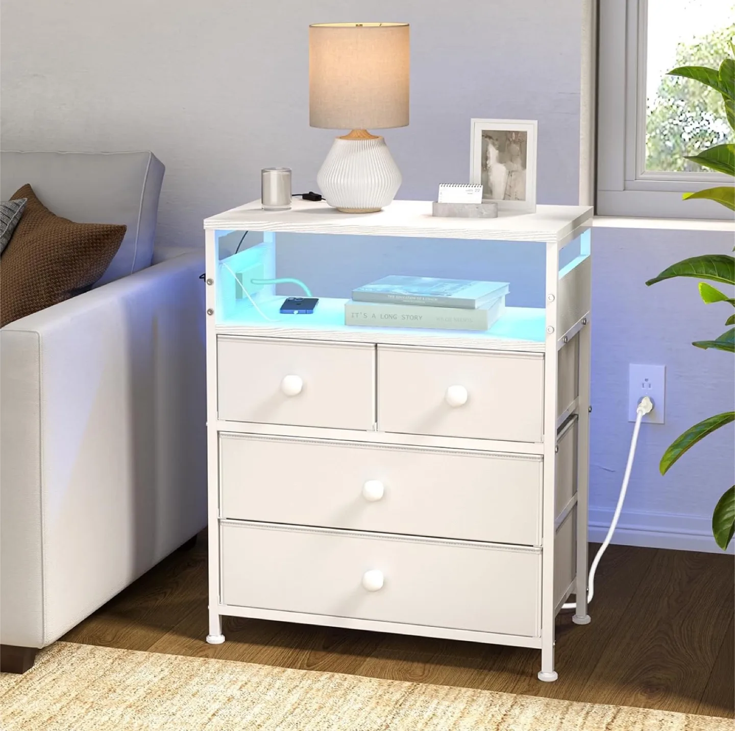 White Nightstand with Built-in Charging Station and LED Lighting image indicator(2)