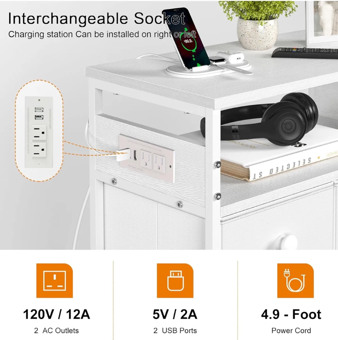 White Nightstand with Built-in Charging Station and LED Lighting image indicator(4)
