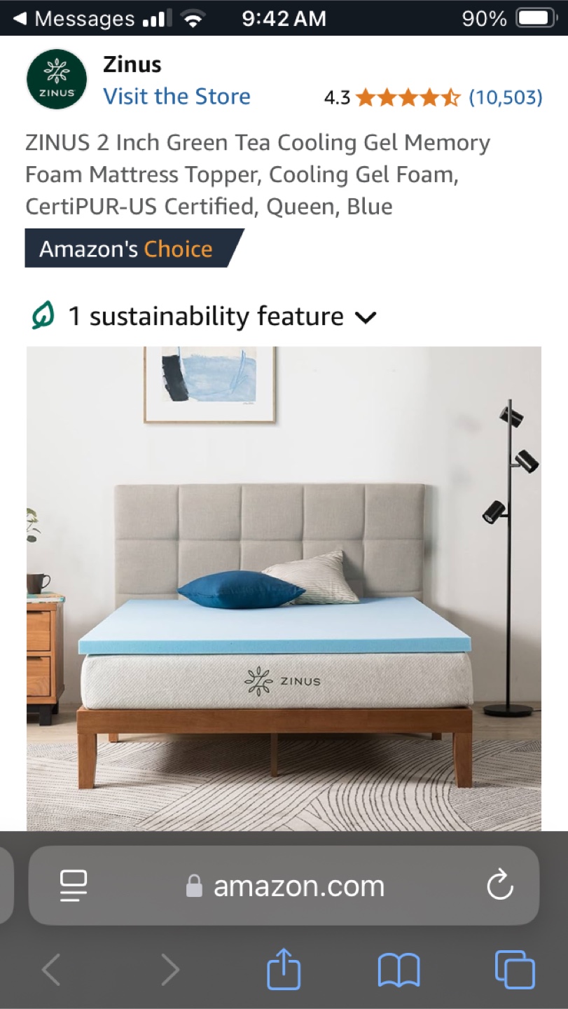 Zinus 2 Inch Gel Memory Foam Mattress Topper, Queen, Blue