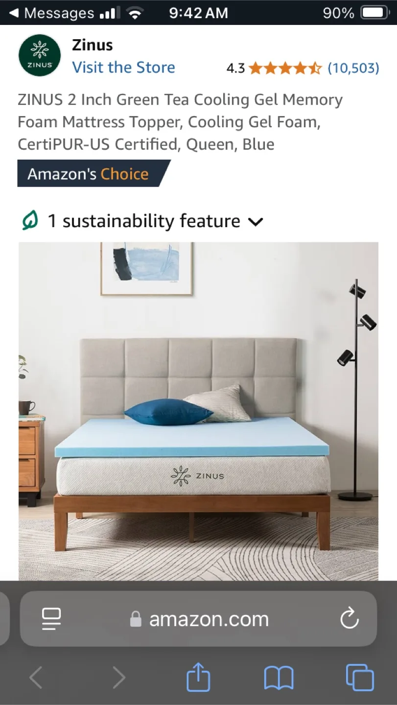 Zinus 2 Inch Gel Memory Foam Mattress Topper, Queen, Blue thumbnail