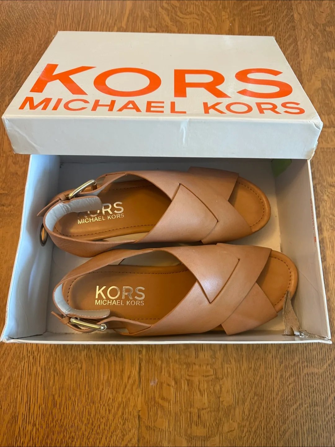 Michael Kors Tan Leather Wedge Sandals thumbnail