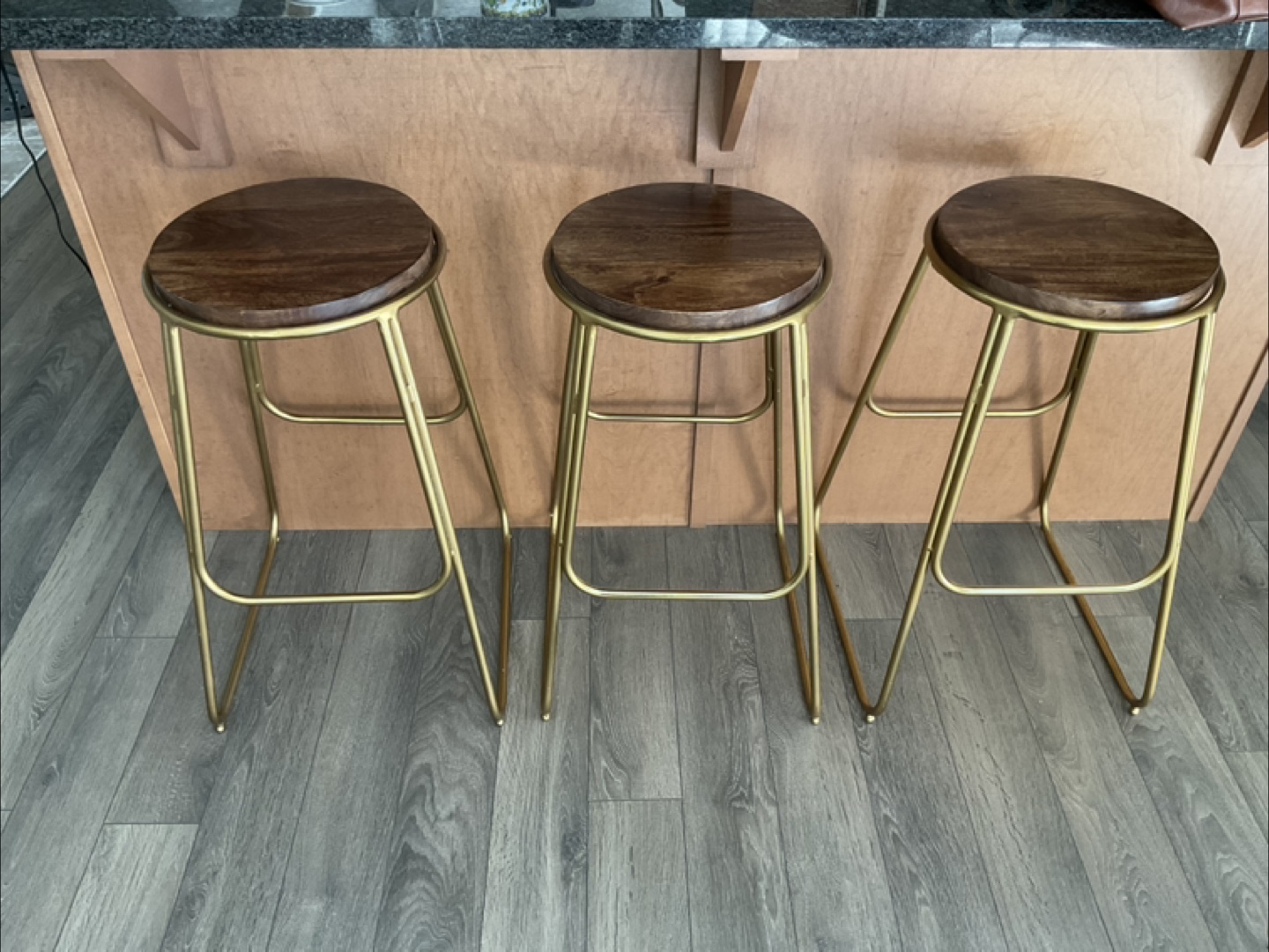 Set of Three Gold Metal and Wood Bar Stools