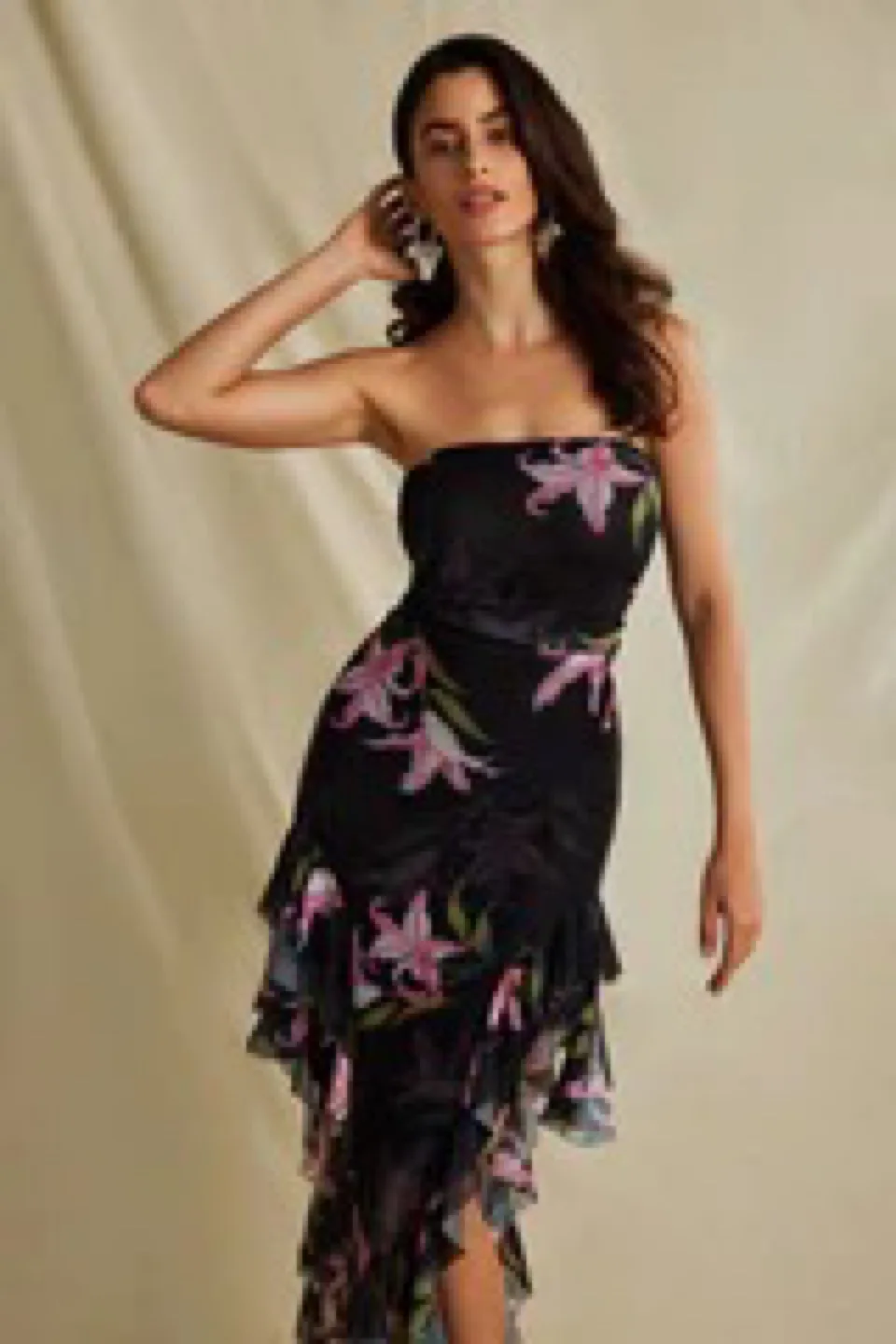 Floral Print Mesh Ruffle Layered Strapless Midi Dress thumbnail