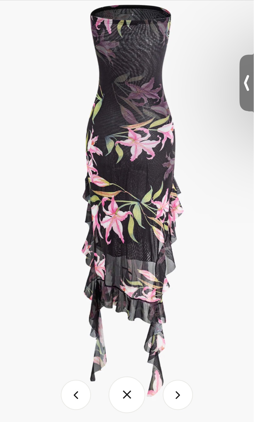 Floral Print Mesh Ruffle Layered Strapless Midi Dress - photo 2