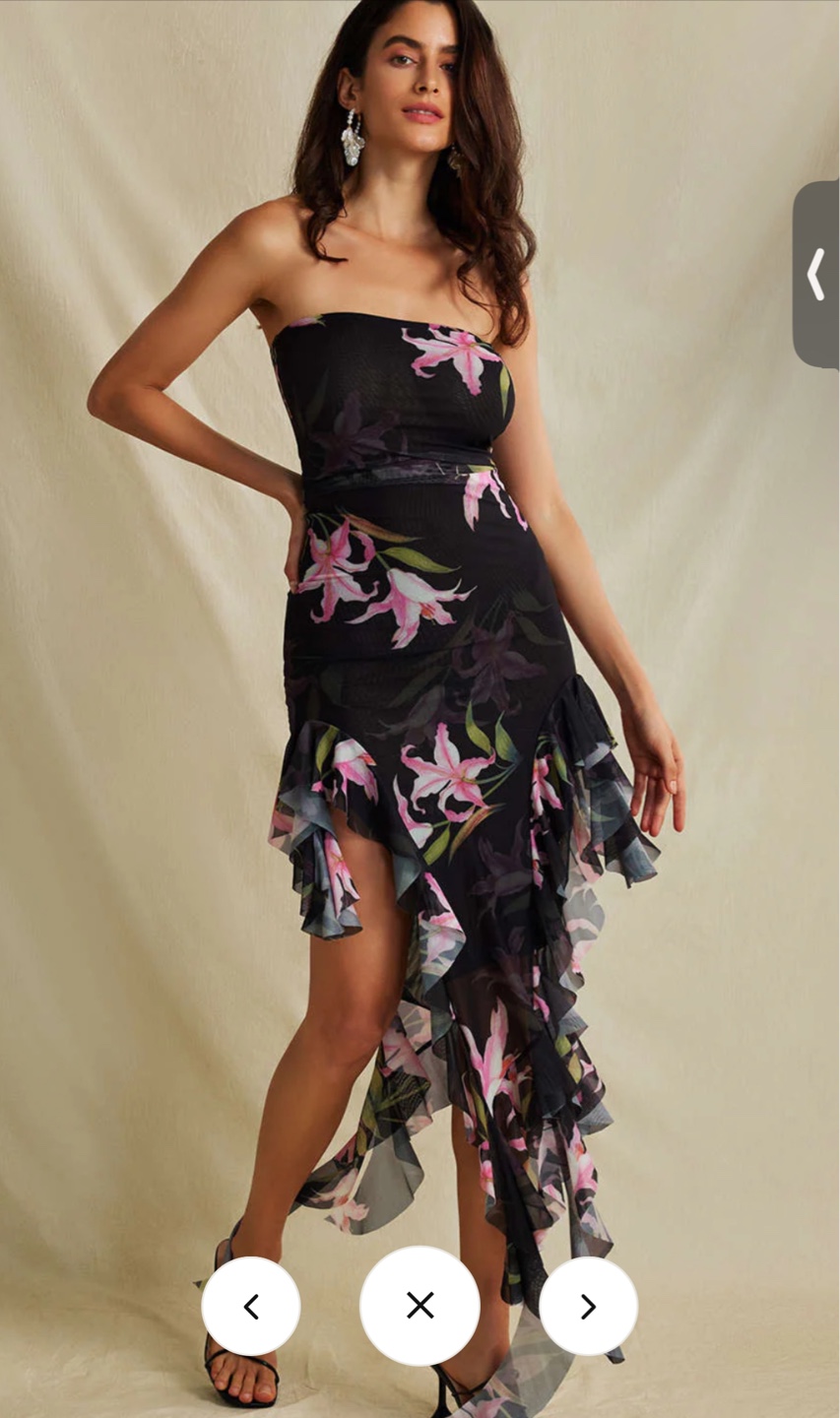 Floral Print Mesh Ruffle Layered Strapless Midi Dress - photo 3