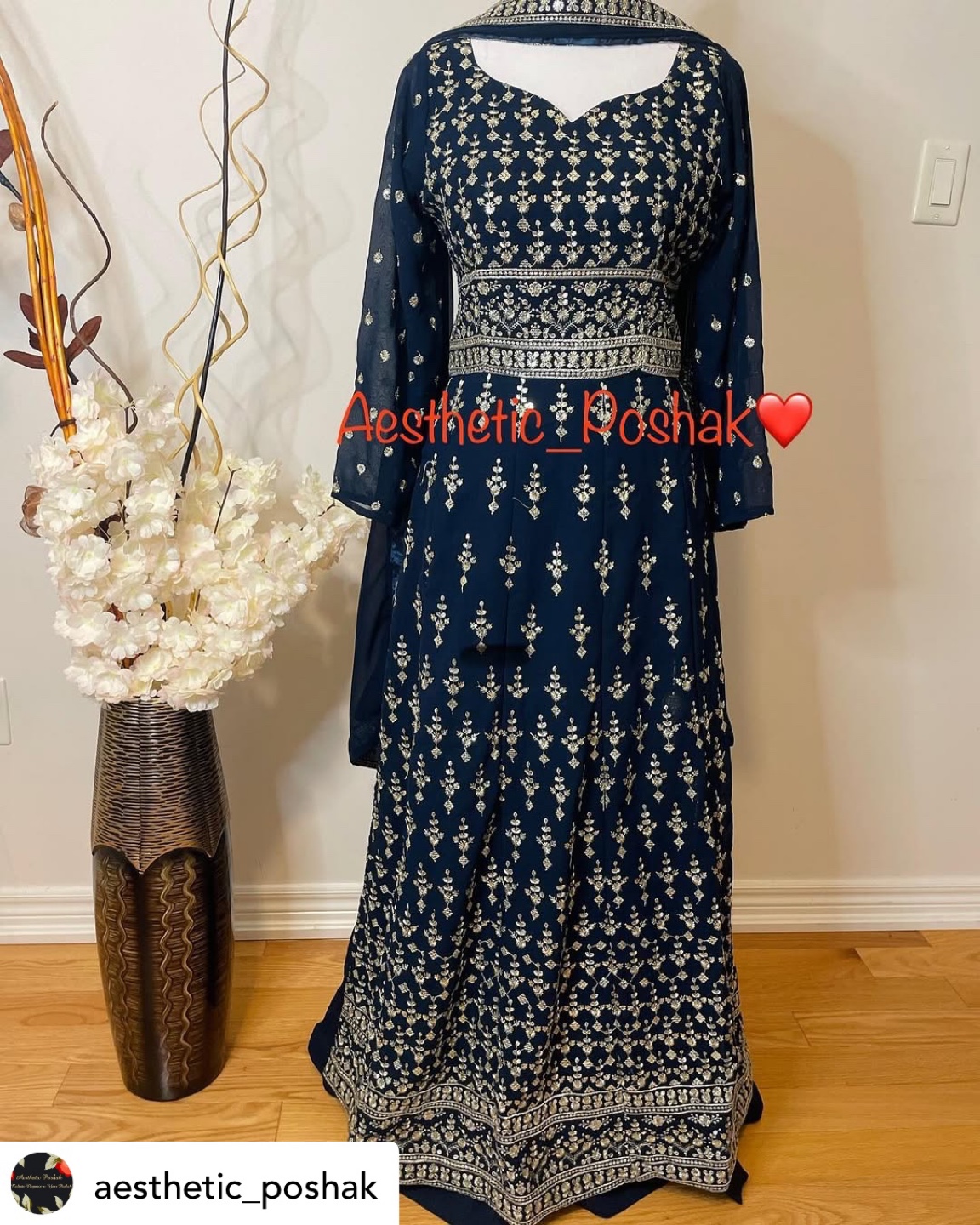 Gorgeous Navy Blue Embroidered Naira cut dress