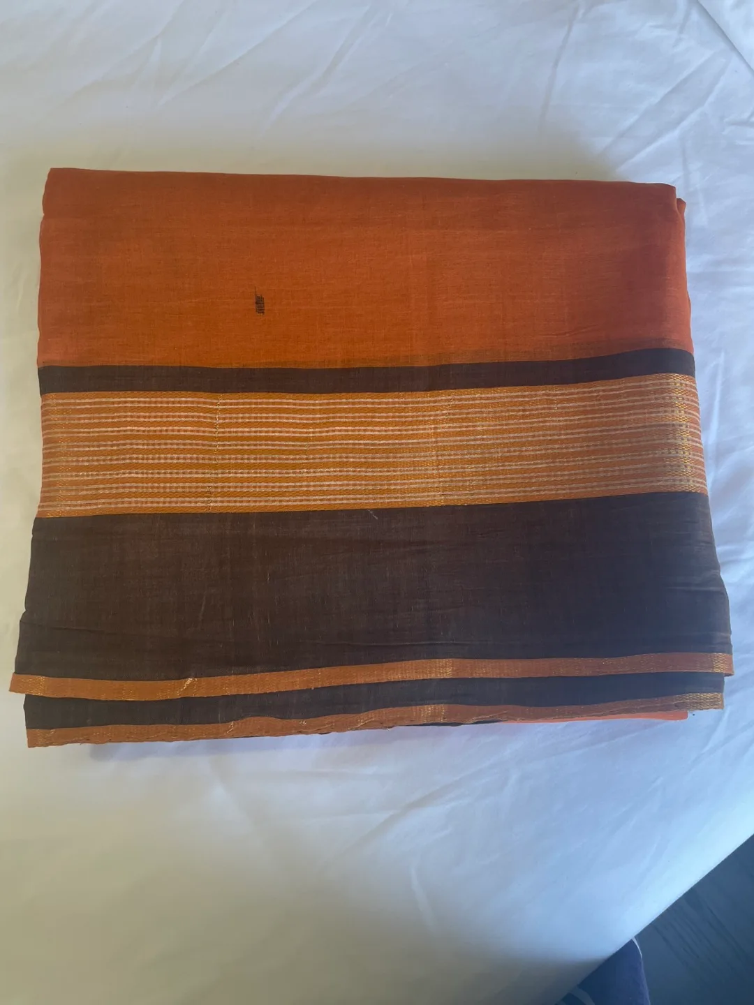 Hand-Block Printed Cotton Saree, Burnt Orange and Brown thumbnail