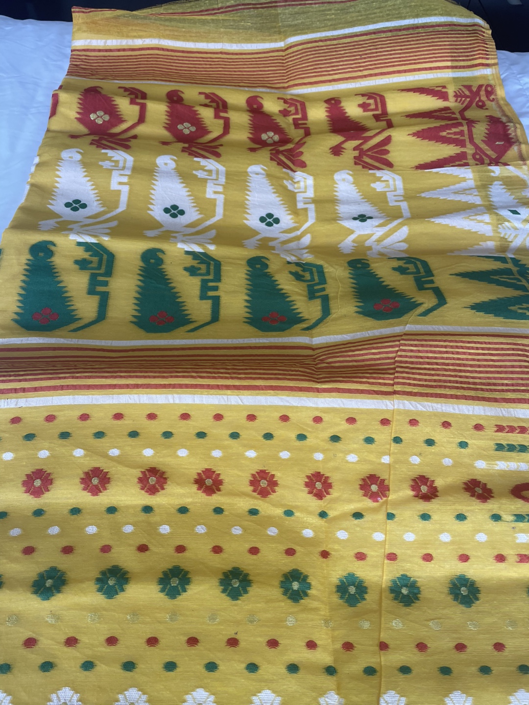 Beautiful Yellow and Green cotton Dhakai Saree - photo 4