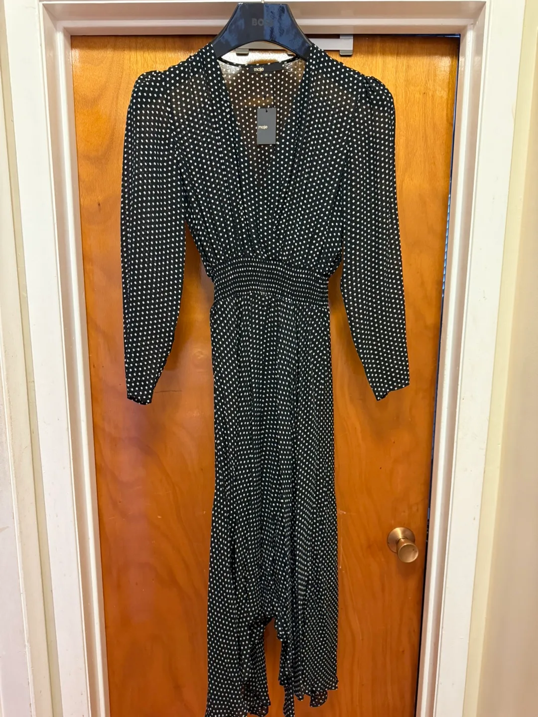 MAJE  - BLACK LONG SLEEVES V-NECK POLKA DOT DRESS image indicator(4)