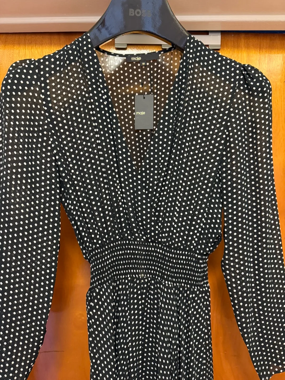 MAJE  - BLACK LONG SLEEVES V-NECK POLKA DOT DRESS image indicator(5)