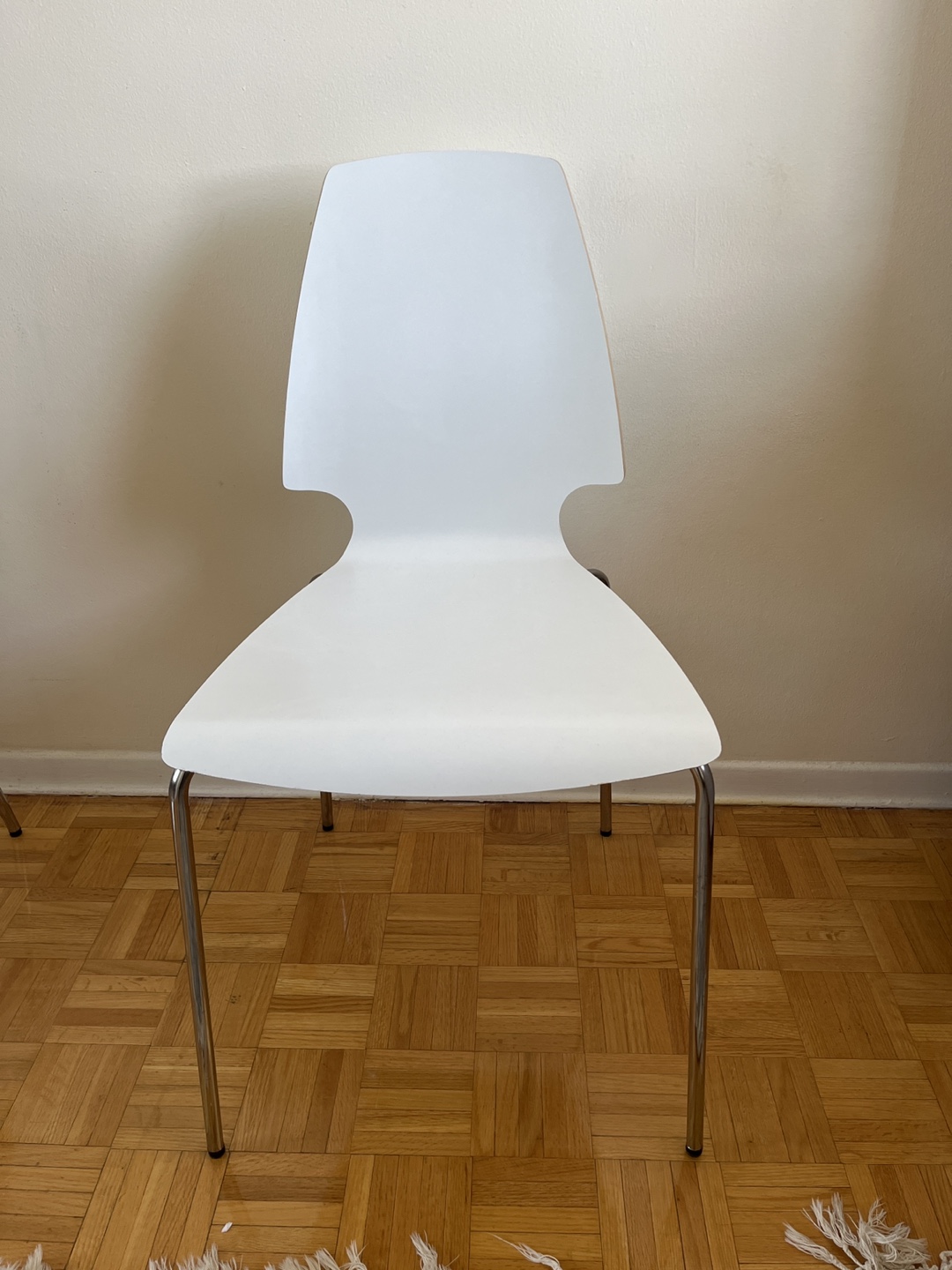 Pair of Modern White Dining Chairs with Chrome Legs