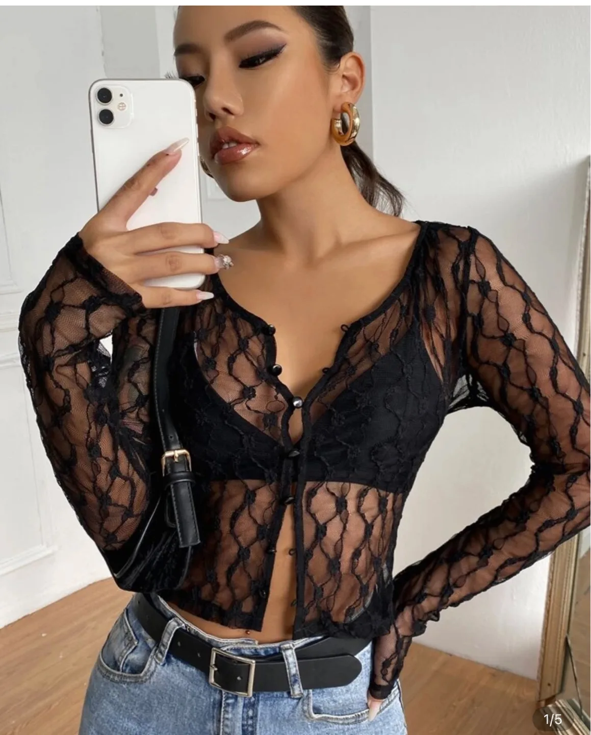 Black sheer button-up blouse thumbnail