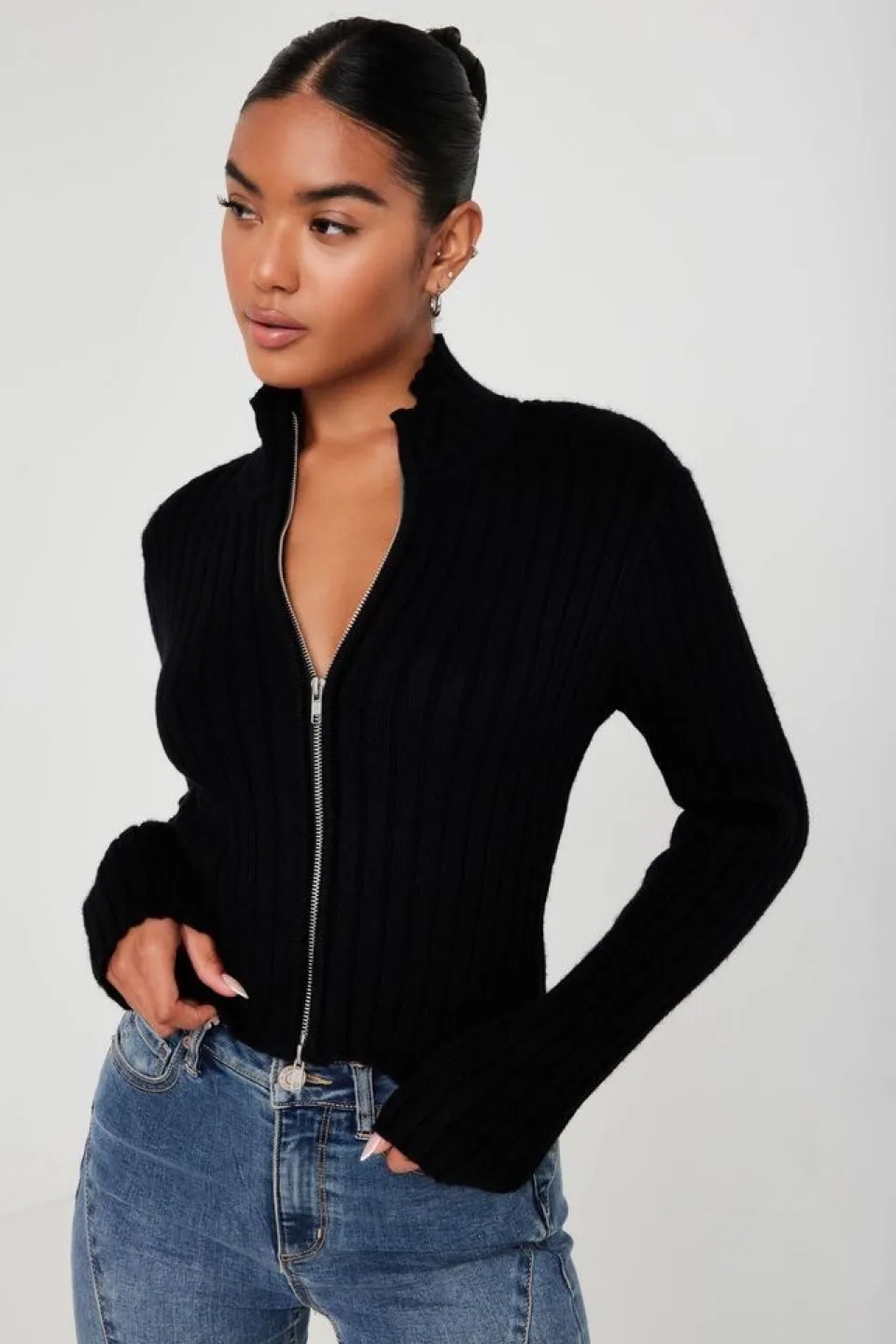 Garage Black Ribbed Zip-Up Cardigan - small thumbnail