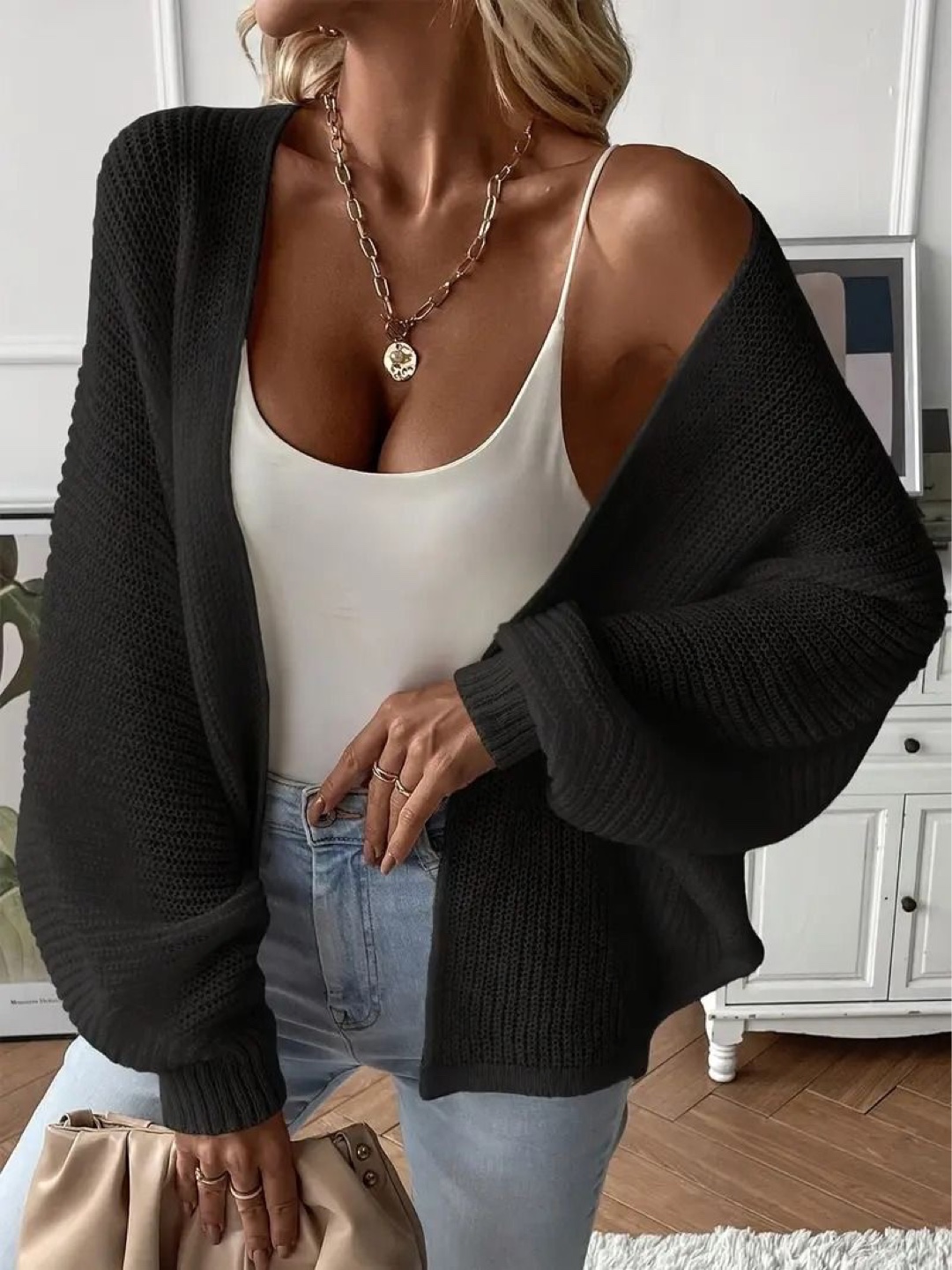 Black Knitted Cardigan - Open Front, Balloon Sleeves - small