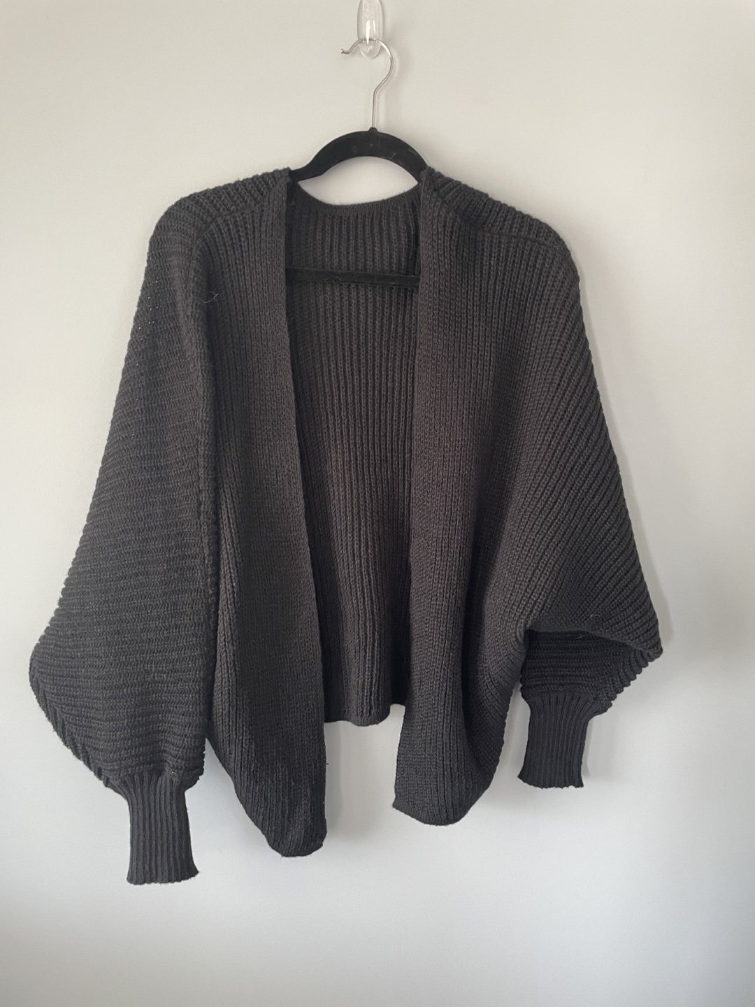 Black Knitted Cardigan - Open Front, Balloon Sleeves - small - photo 2