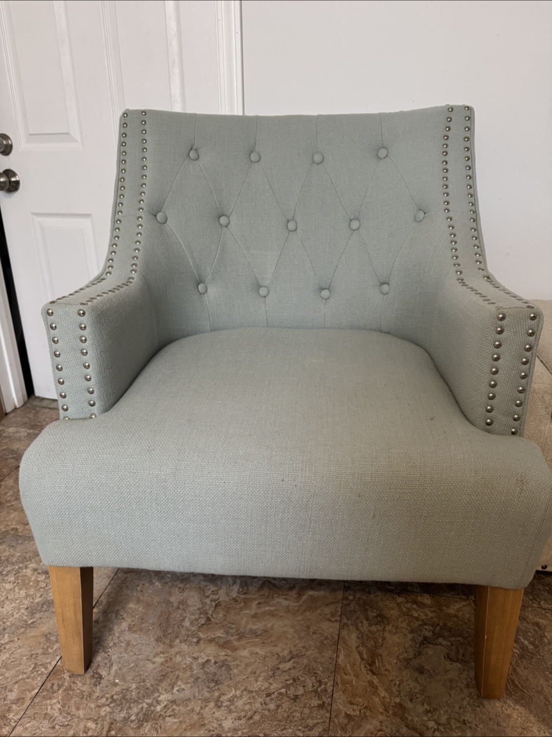 Light Green Upholstered Accent Chair with Nailhead Trim