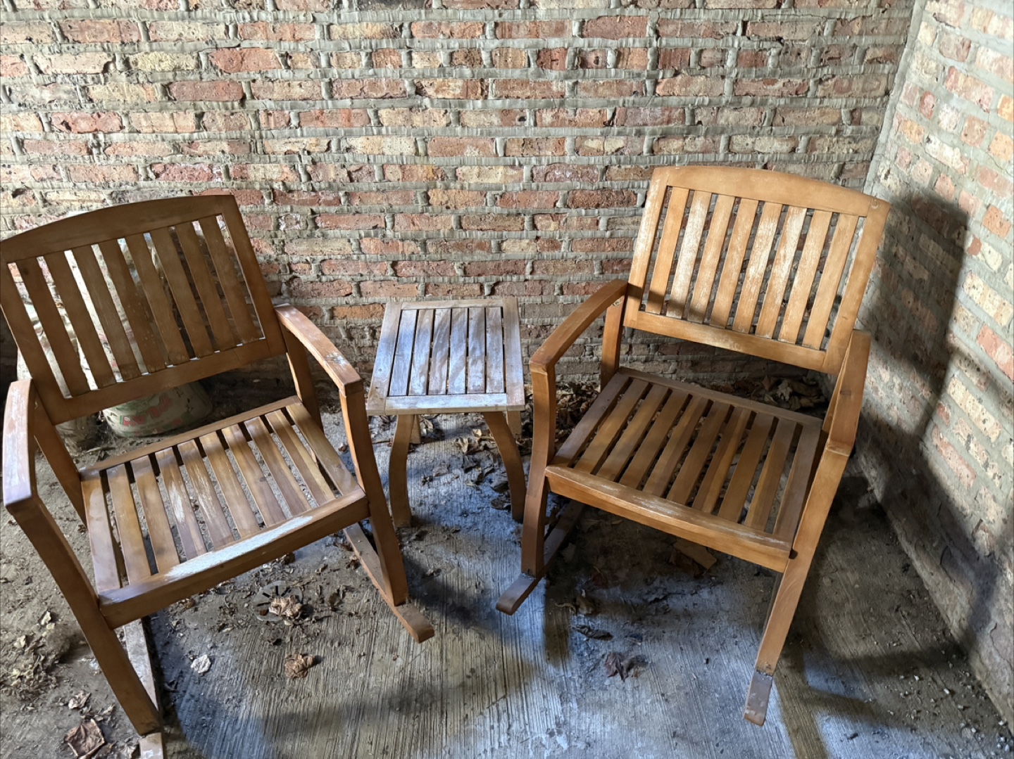 Teak(?) Wood Rocking Chairs and Side Table Set