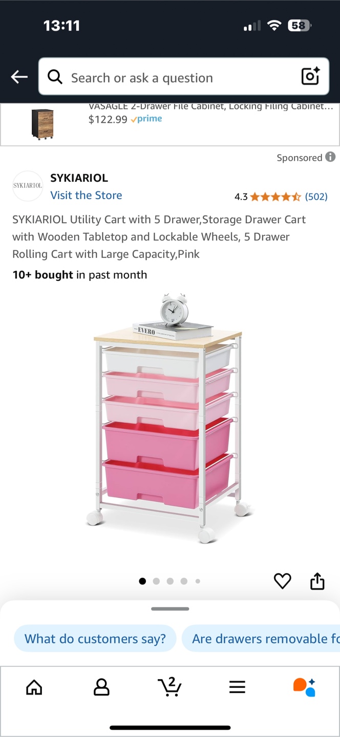 SYKIAIOL 5-Drawer Rolling Cart with Wooden Top - Pink - photo 5