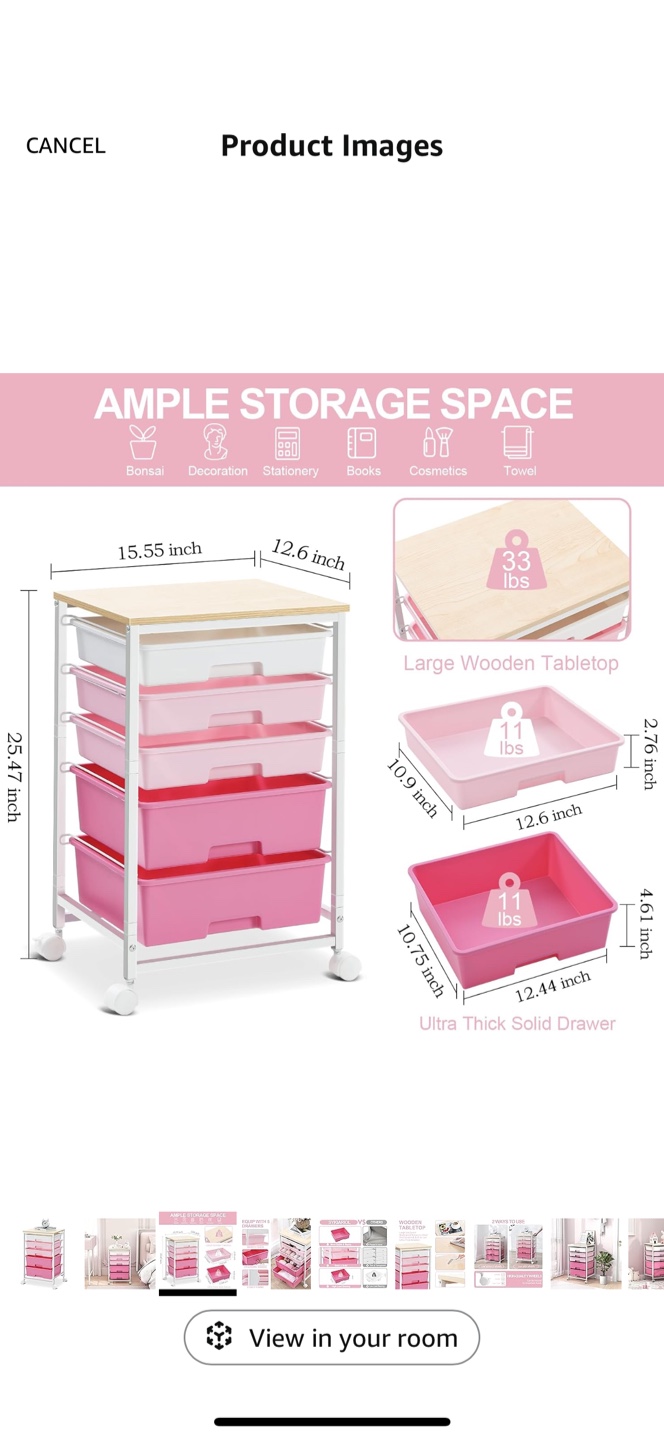 SYKIAIOL 5-Drawer Rolling Cart with Wooden Top - Pink - photo 3