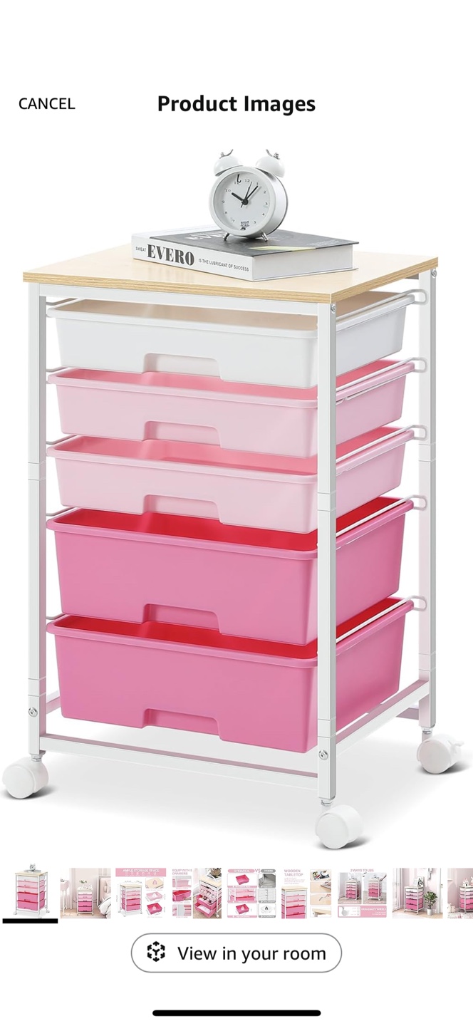 SYKIAIOL 5-Drawer Rolling Cart with Wooden Top - Pink