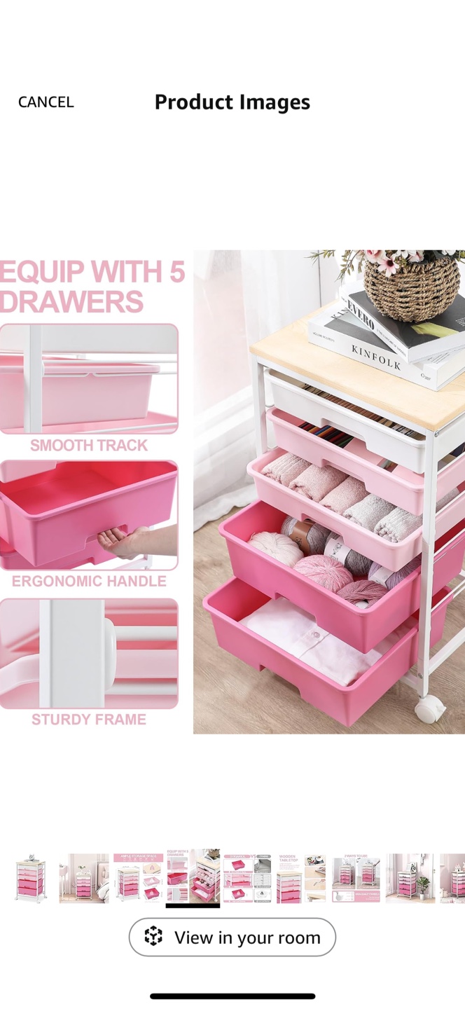 SYKIAIOL 5-Drawer Rolling Cart with Wooden Top - Pink - photo 2