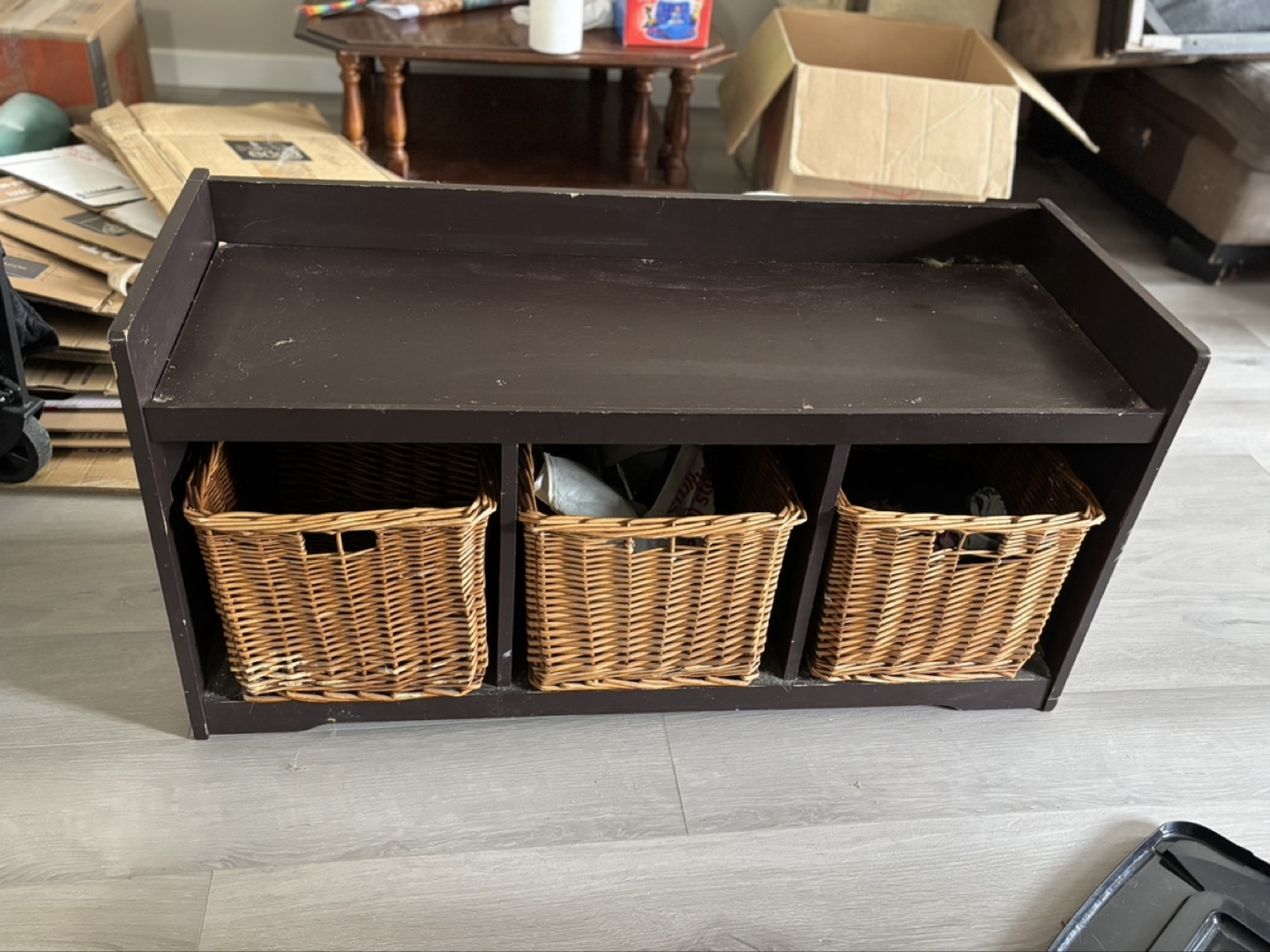 Brown Wooden Storage Bench with Three Wicker Baskets