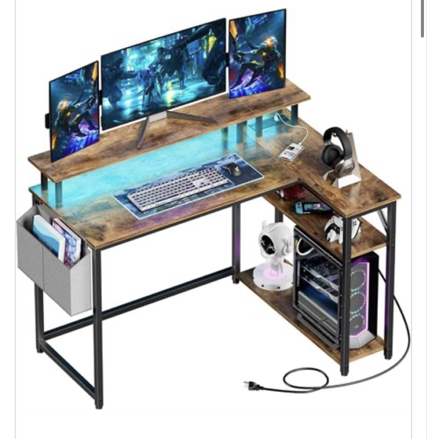 Mr IRONSTONE CD04 L Shaped Desk with Power Outlets & LED Lights