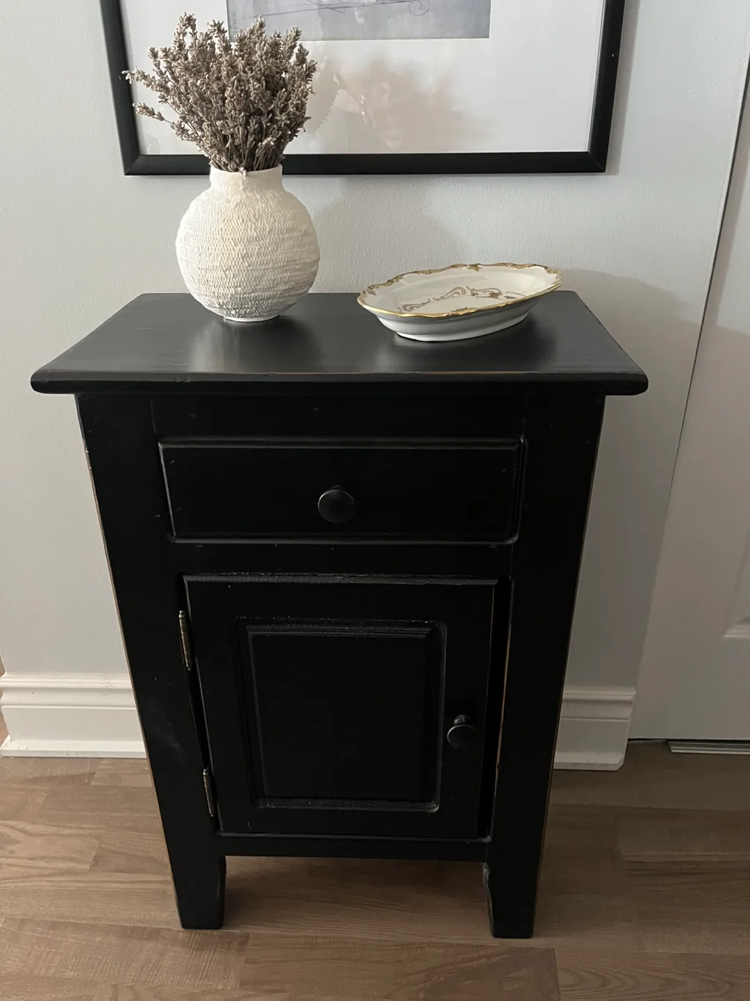 Black Wooden Nightstand with Drawer and Cabinet thumbnail