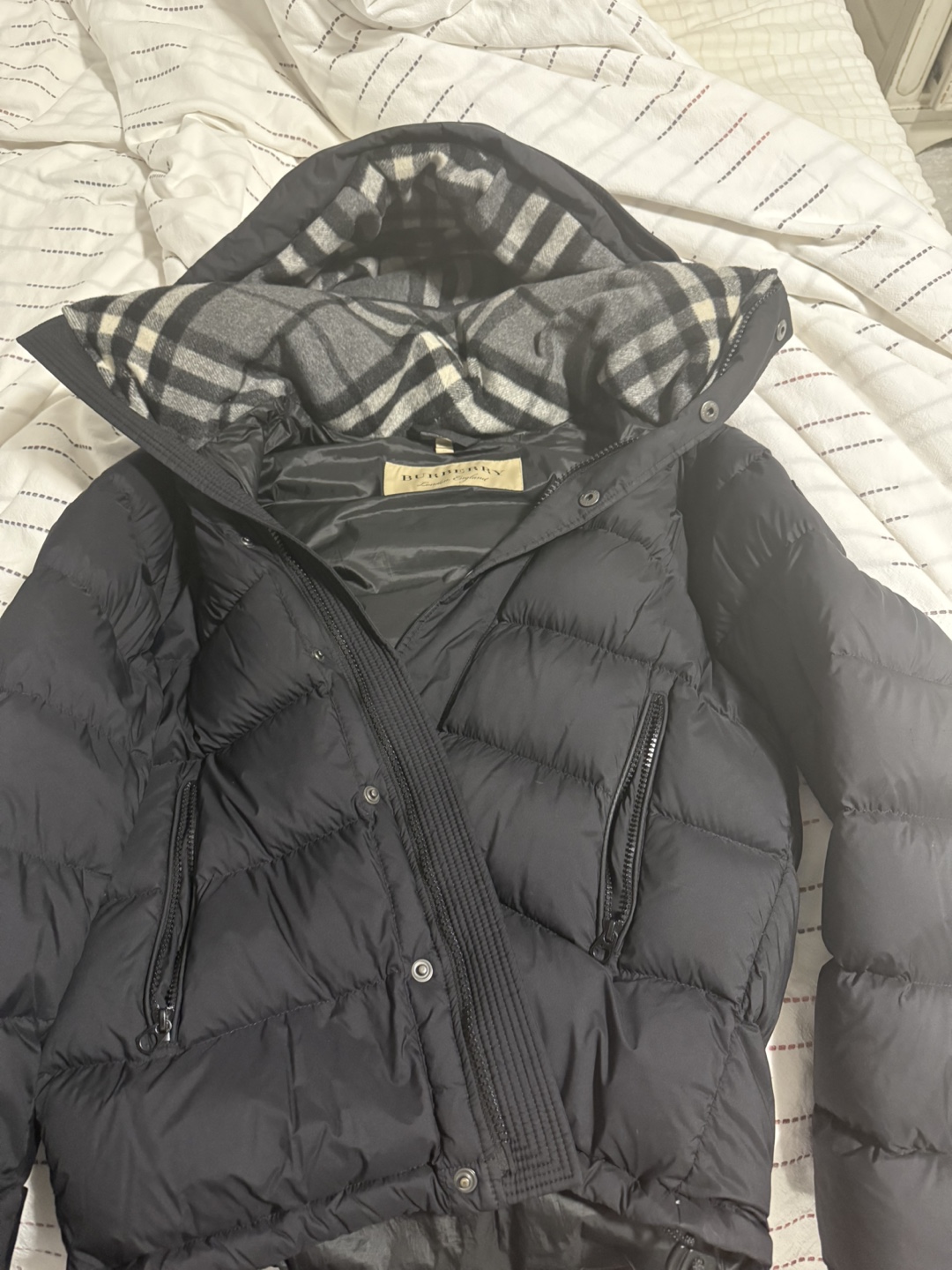 Burberry Black Puffer Jacket with Plaid Hood