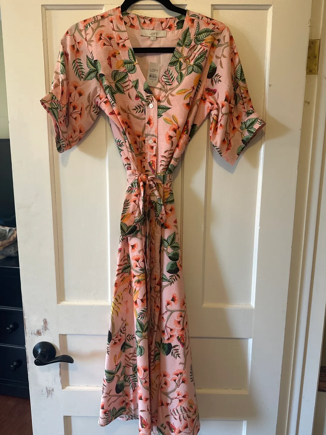 LOFT Pink Floral Midi Dress Size 0 image indicator(2)