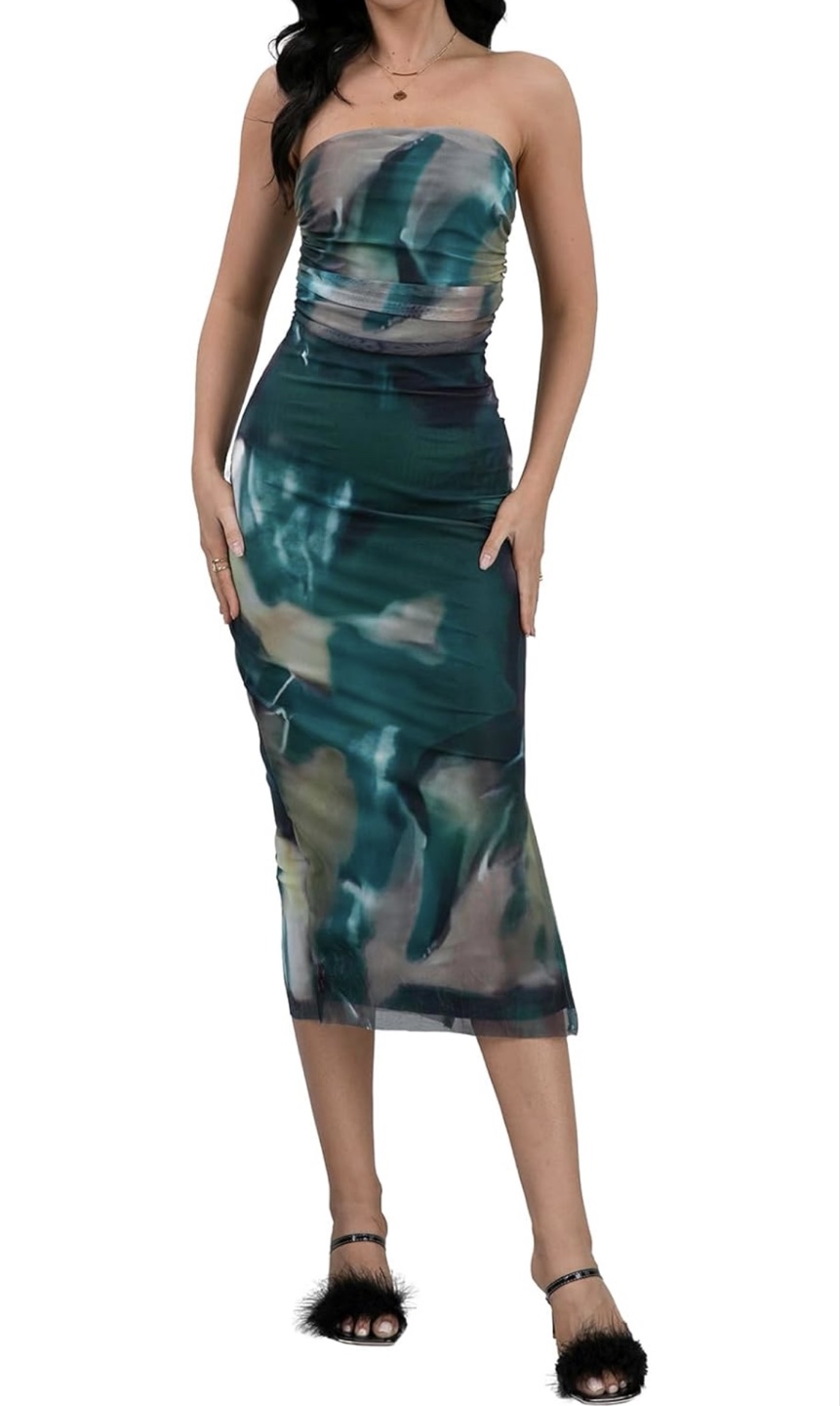 NEW! Sexy Tie Dye Ruched Mesh Tube Bodycon Midi Dress