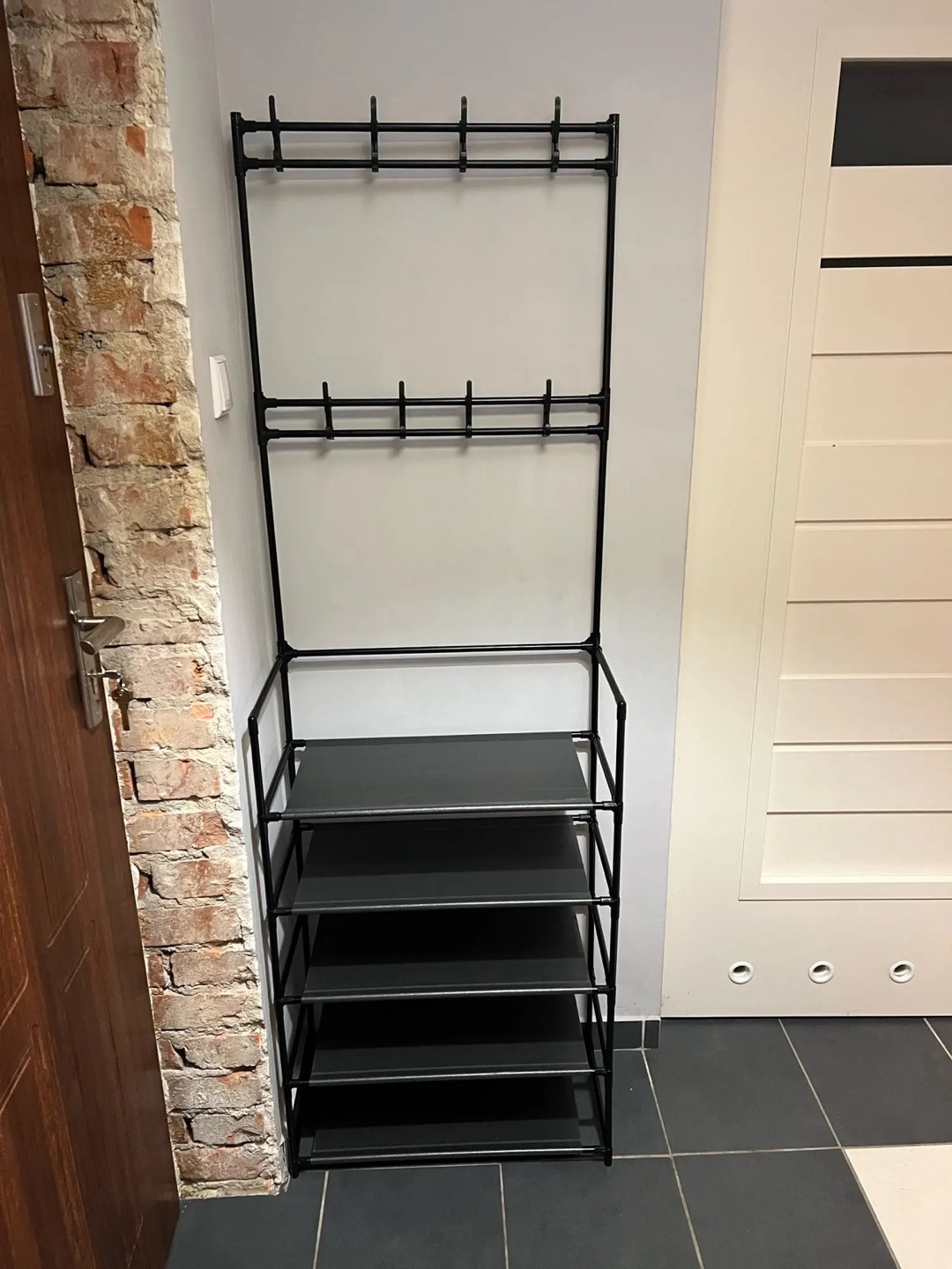 Black 5-Tier Shoe Rack with Coat Hooks, NEW