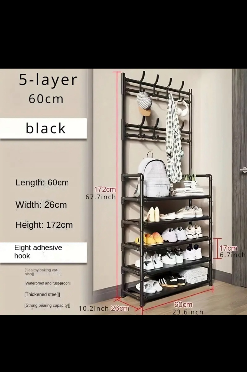 Black 5-Tier Shoe Rack with Coat Hooks, NEW - photo 2