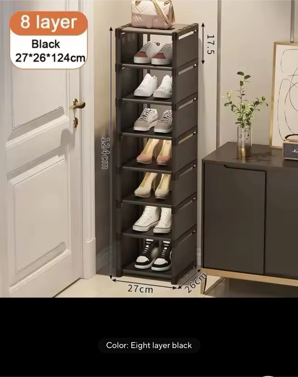 8-Tier Black Fabric Shoe Rack Organizer, NEW
