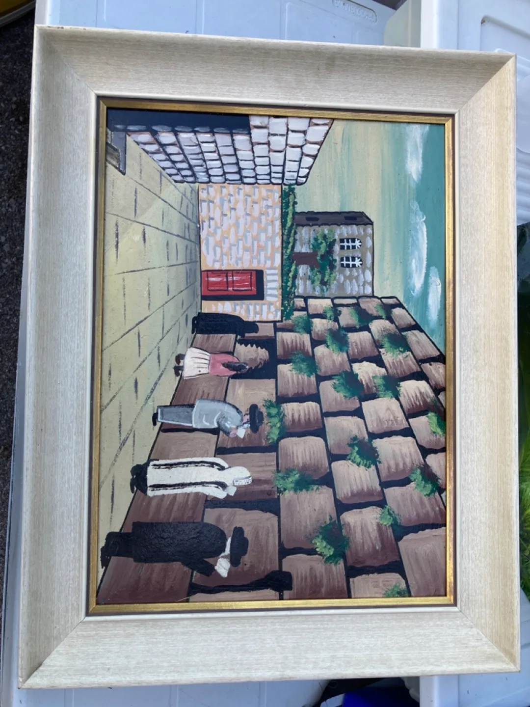 Vintage Framed Painting of People at the Western Wall thumbnail