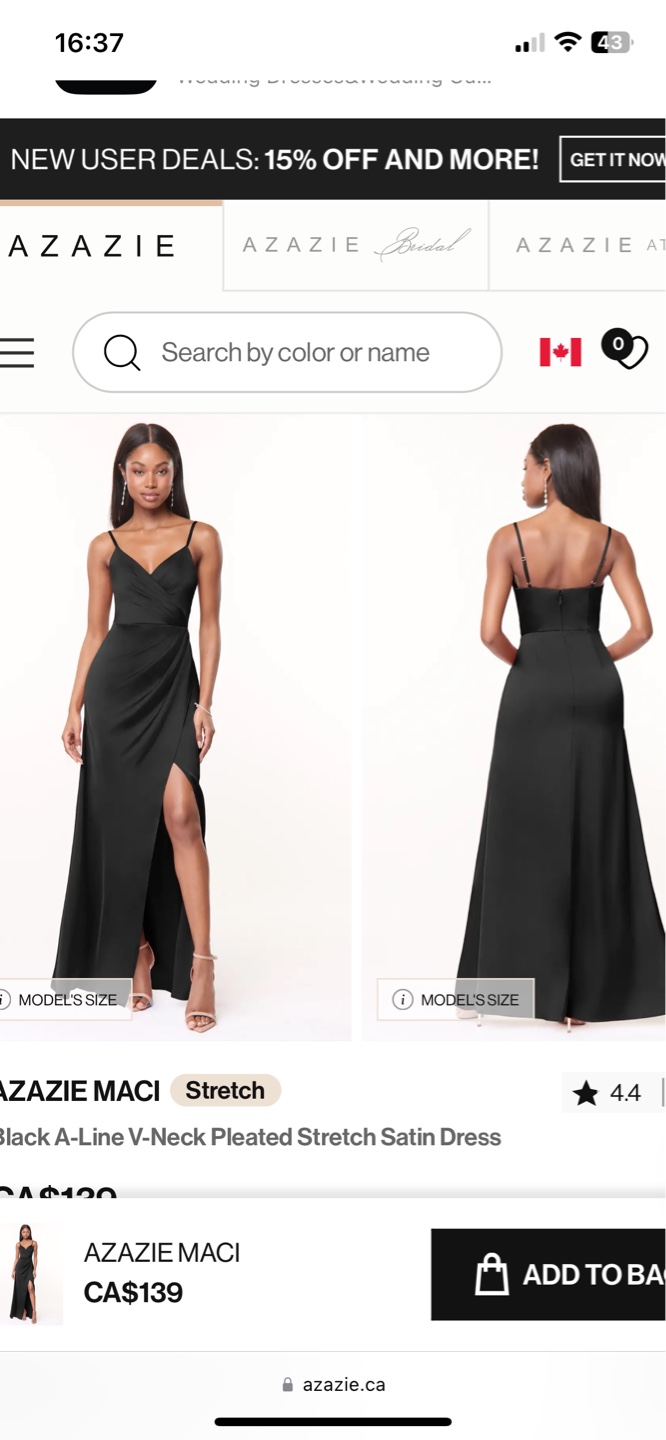 Azazie Maci Black A-Line V-Neck Pleated Stretch Satin Dress