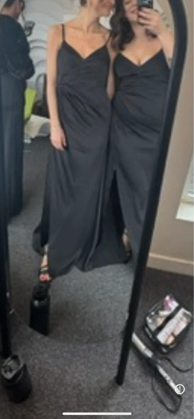 Azazie Maci Black A-Line V-Neck Pleated Stretch Satin Dress image indicator(2)