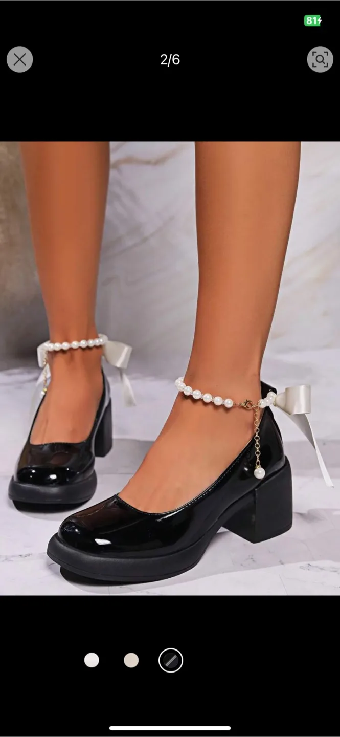 Black Patent Leather Block Heel Shoes with Pearl Anklet thumbnail