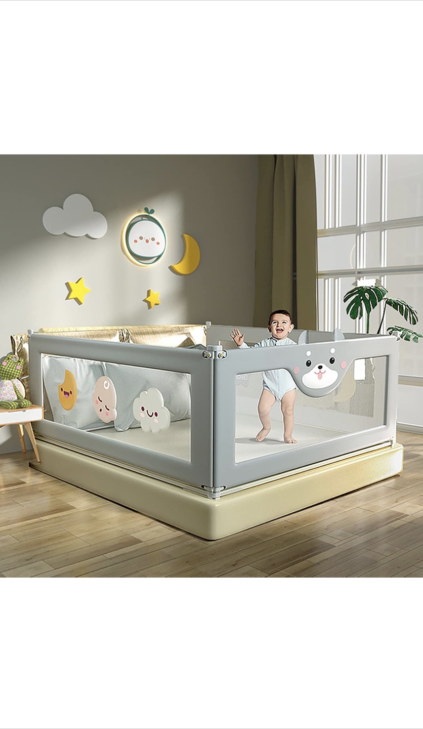 Grey Baby Bed Rail Guard with Cartoon Cloud and Moon Decor - photo 2