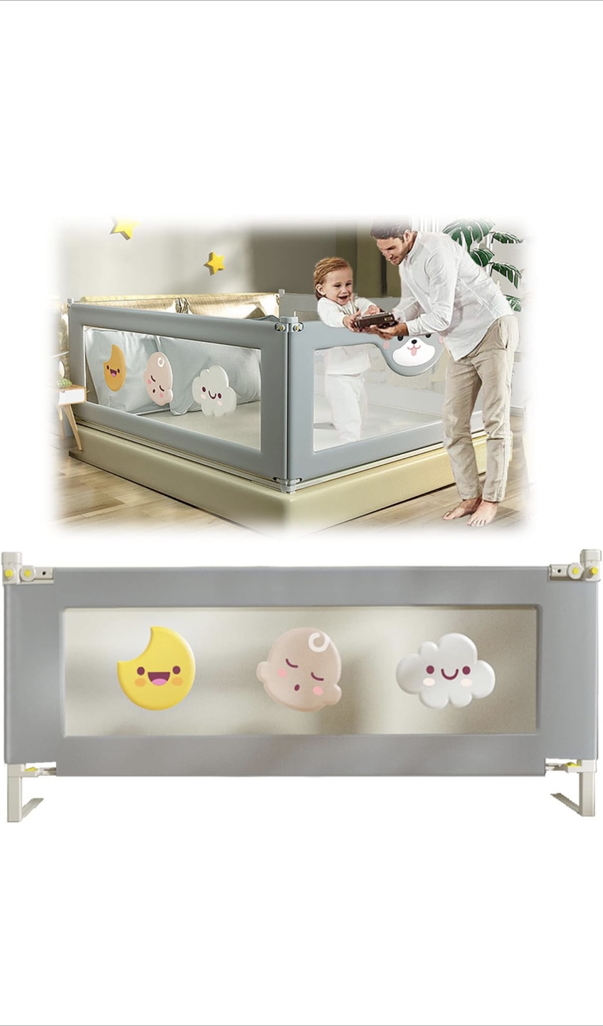 Grey Baby Bed Rail Guard with Cartoon Cloud and Moon Decor