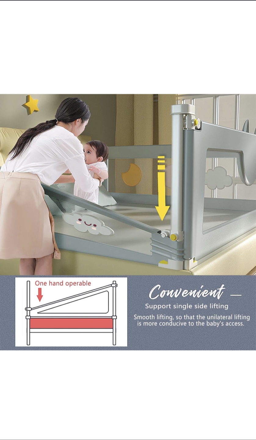 Grey Baby Bed Rail Guard with Cartoon Cloud and Moon Decor - photo 3