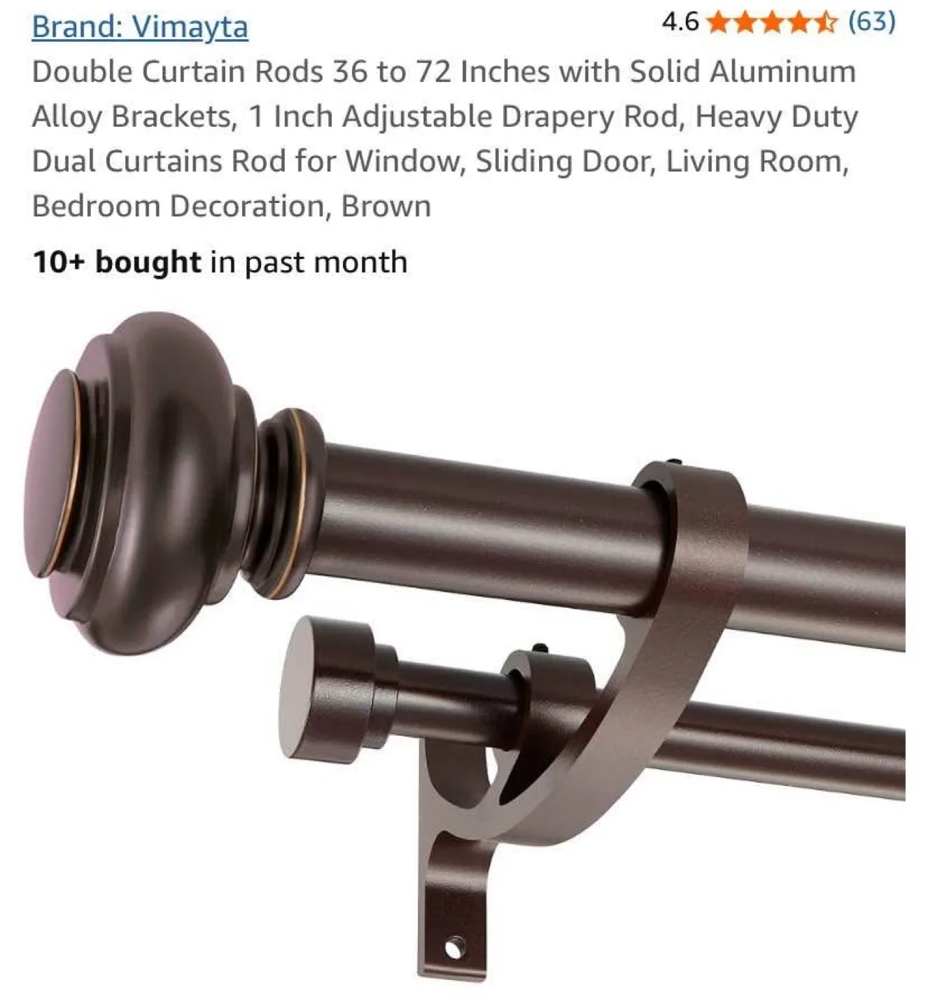 Double Curtain Rod, 36-72 inch Brown thumbnail