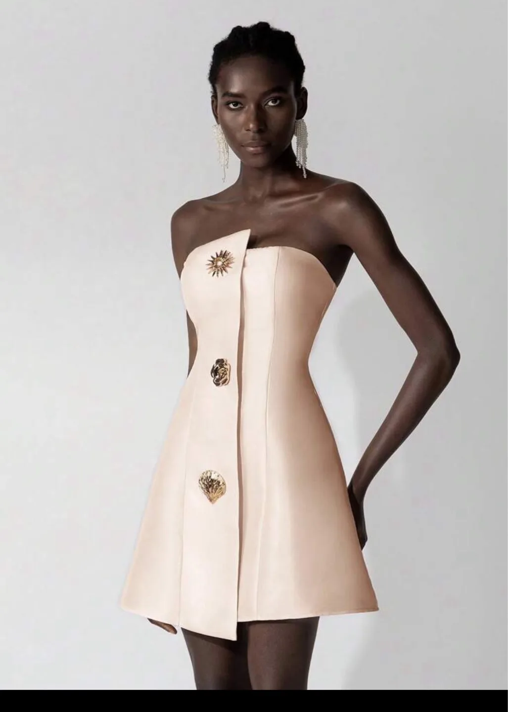 Unique Champagne-Colored Mini Dress with Gold Accents image indicator(4)