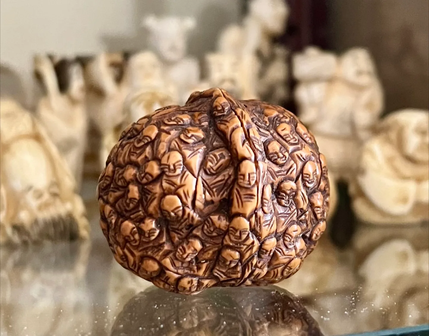 Antique Intricately Carved Walnut with Hundreds of Tiny Faces thumbnail