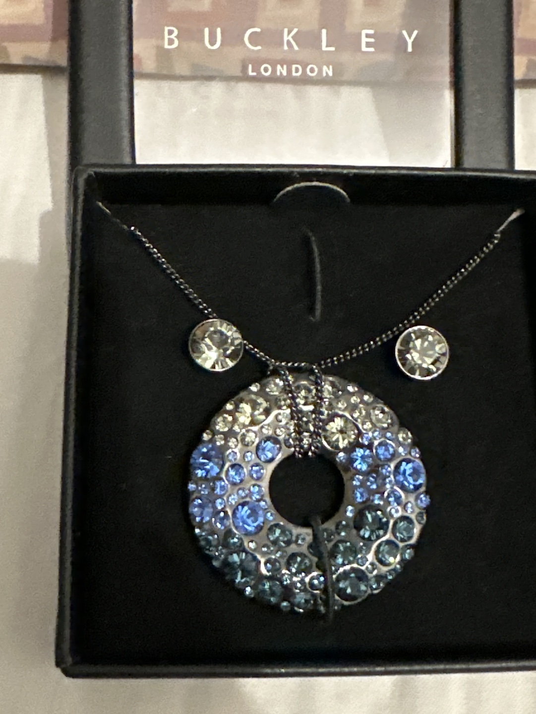 Pendant, sapphire, blue with crystal matching earrings new